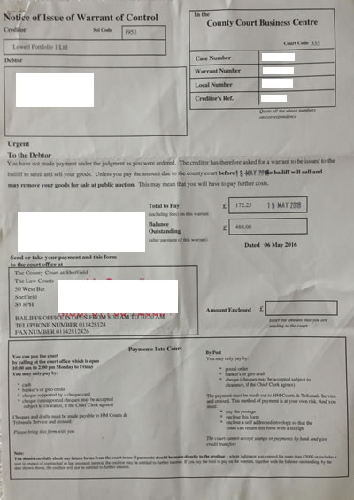 Notice of Issue of Warrant of Control Lowell Portfolio 1 Ltd